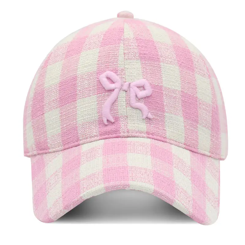Women Pink Plaid Bow Cap 2024