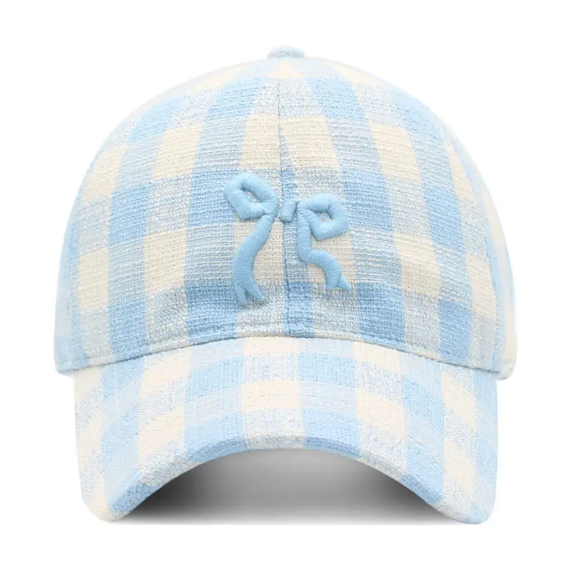 Women Pink Plaid Bow Cap 2024
