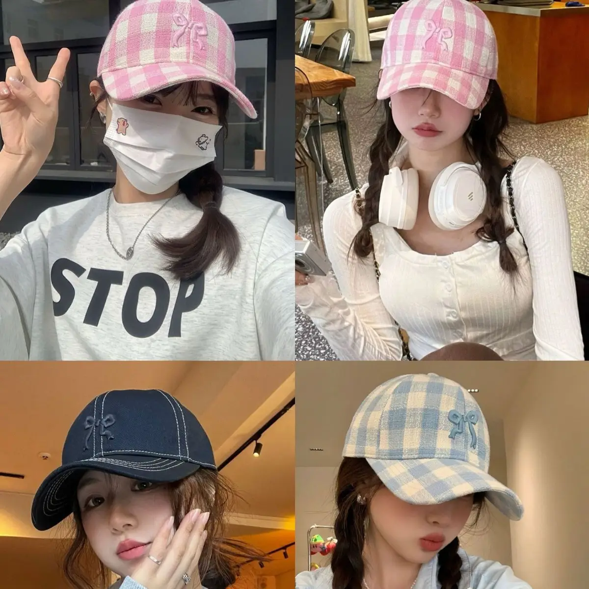 Women Pink Plaid Bow Cap 2024