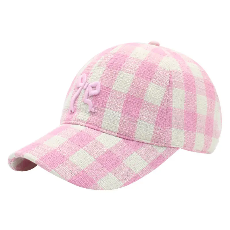 Women Pink Plaid Bow Cap 2024