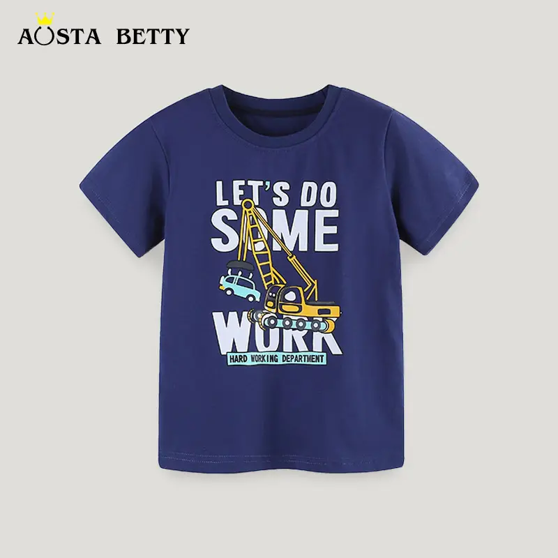 European American Boys T-Shirt Blue Construction Print - Image 2