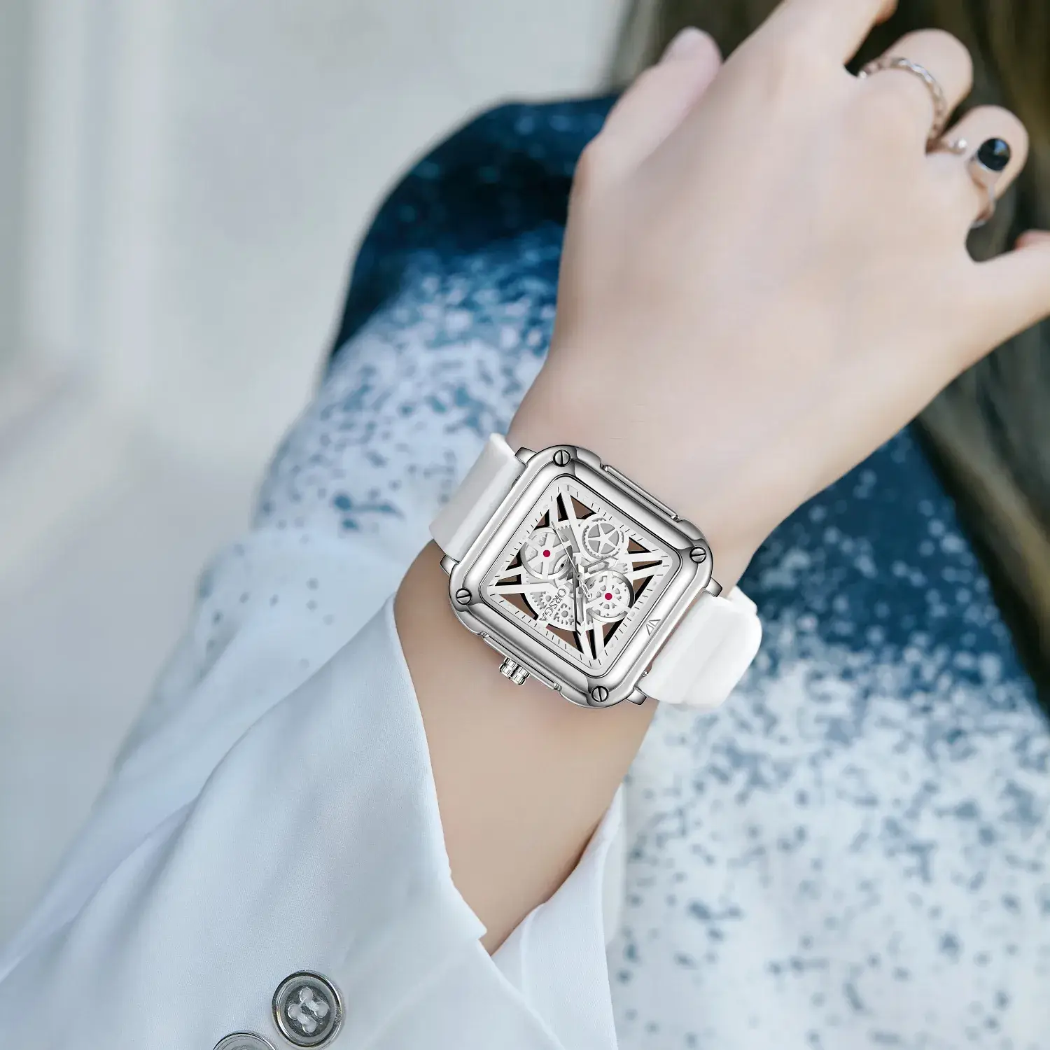Oshga Couple Neutral Watch Square Hollow Design Luminous