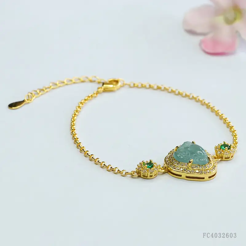 Blue Jade Buddha Bracelet for Women Gold Chain - Image 3