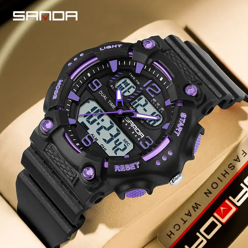 SANDA Black LED Digital Alarm Watch with Purple Accents