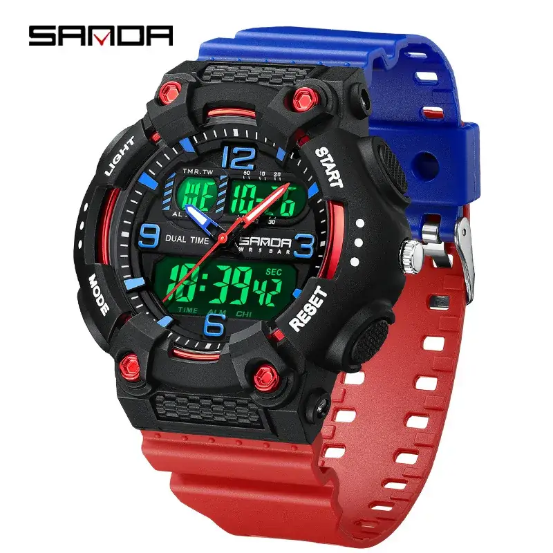 SANDA Black LED Digital Alarm Watch with Purple Accents