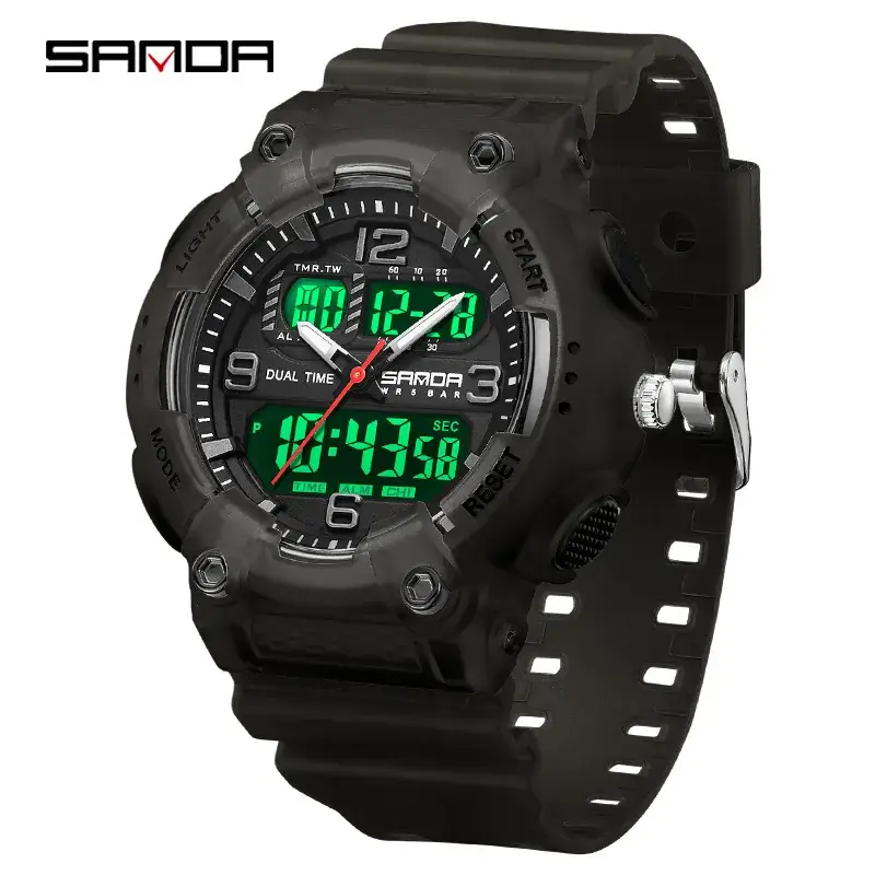 SANDA Black LED Digital Alarm Watch with Purple Accents