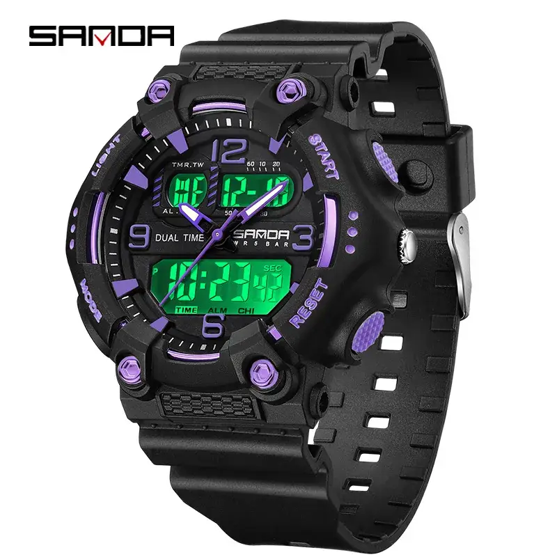 SANDA Black LED Digital Alarm Watch with Purple Accents