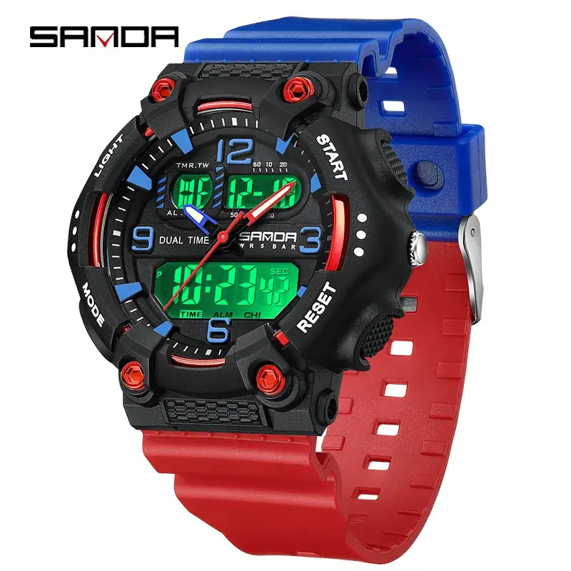 SANDA Black LED Digital Alarm Watch with Purple Accents