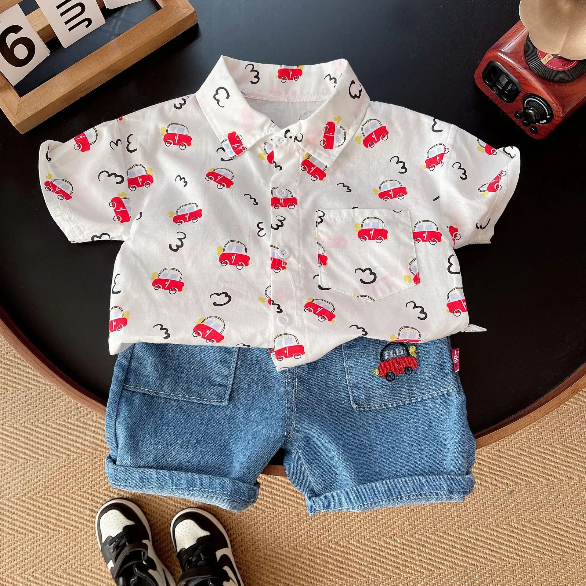 Children Cotton Car Print T-Shirt Shorts Set Summer