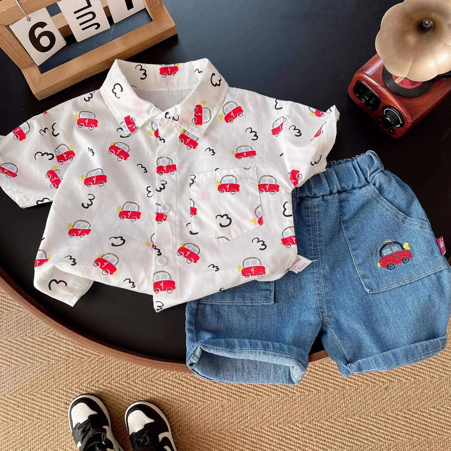 Children Cotton Car Print T-Shirt Shorts Set Summer