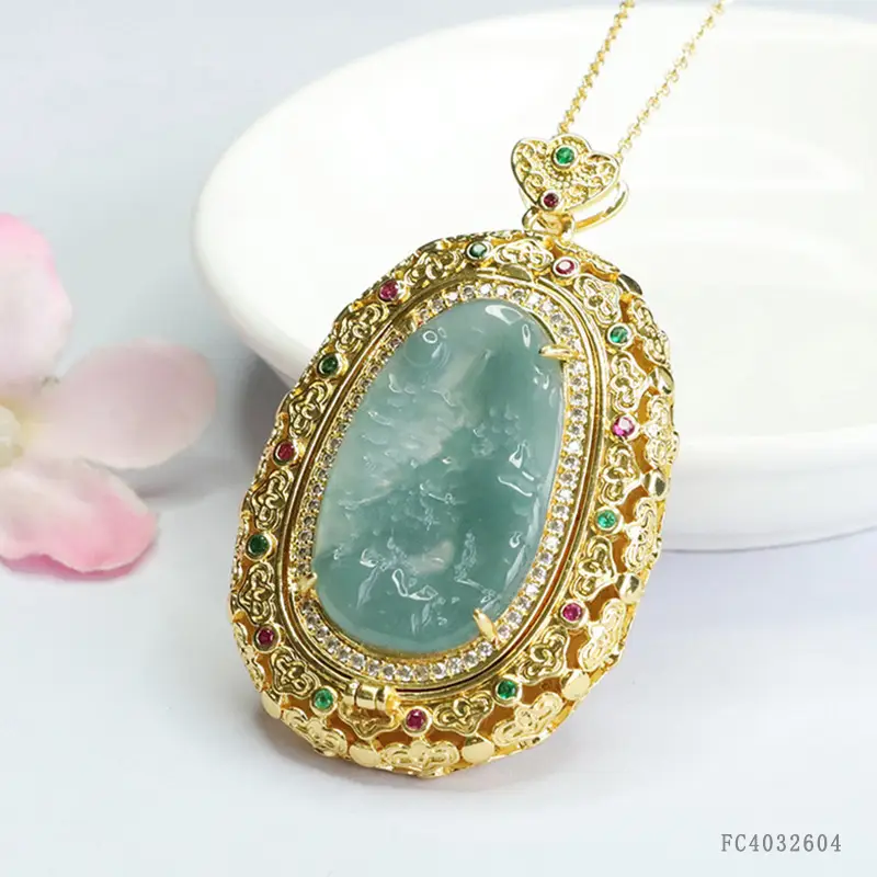 Guan Yu Jade Pendant Blue Water Landscape Necklace - Image 5