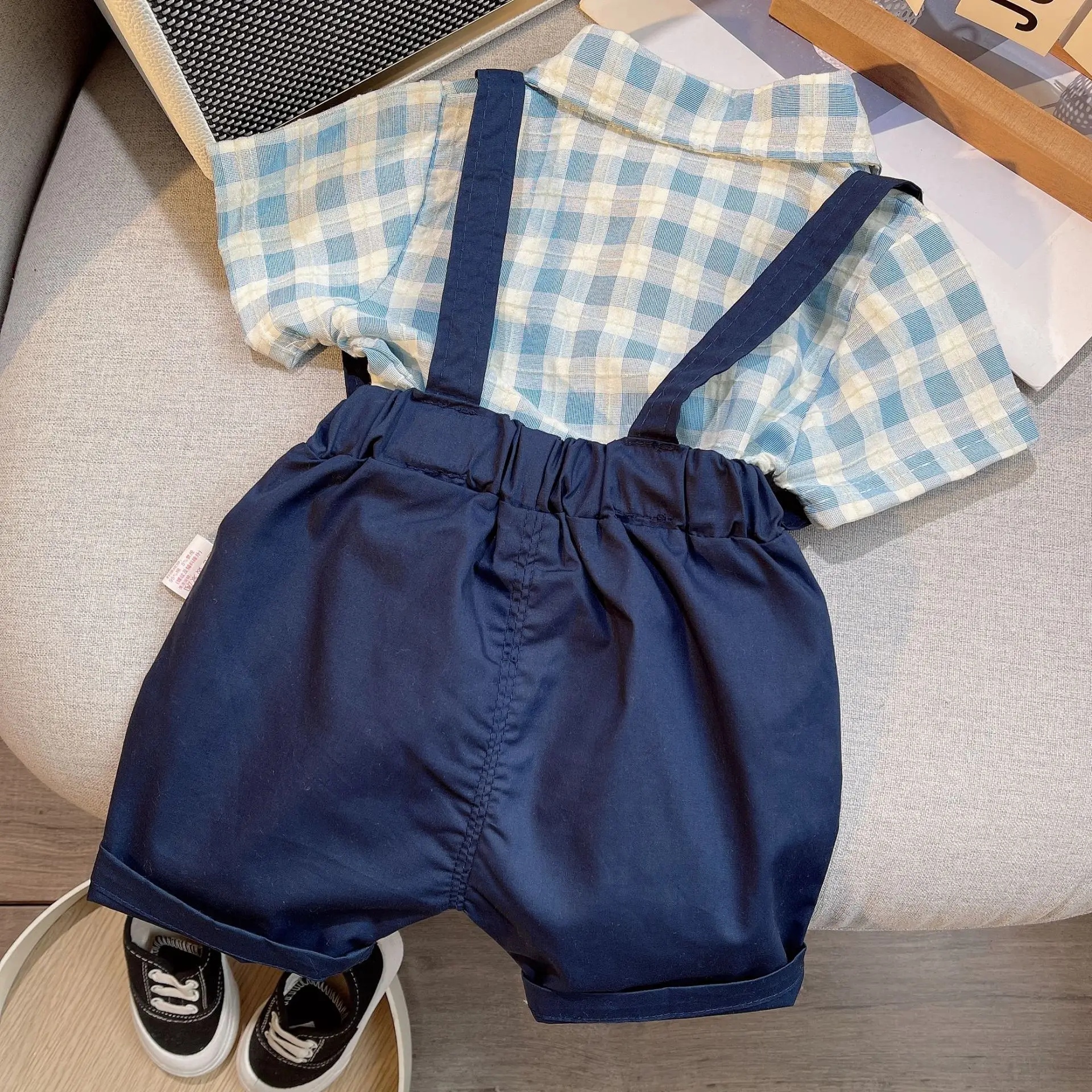 Baby Cotton Short Sleeve Suit Blue Checkered Shorts - Image 3