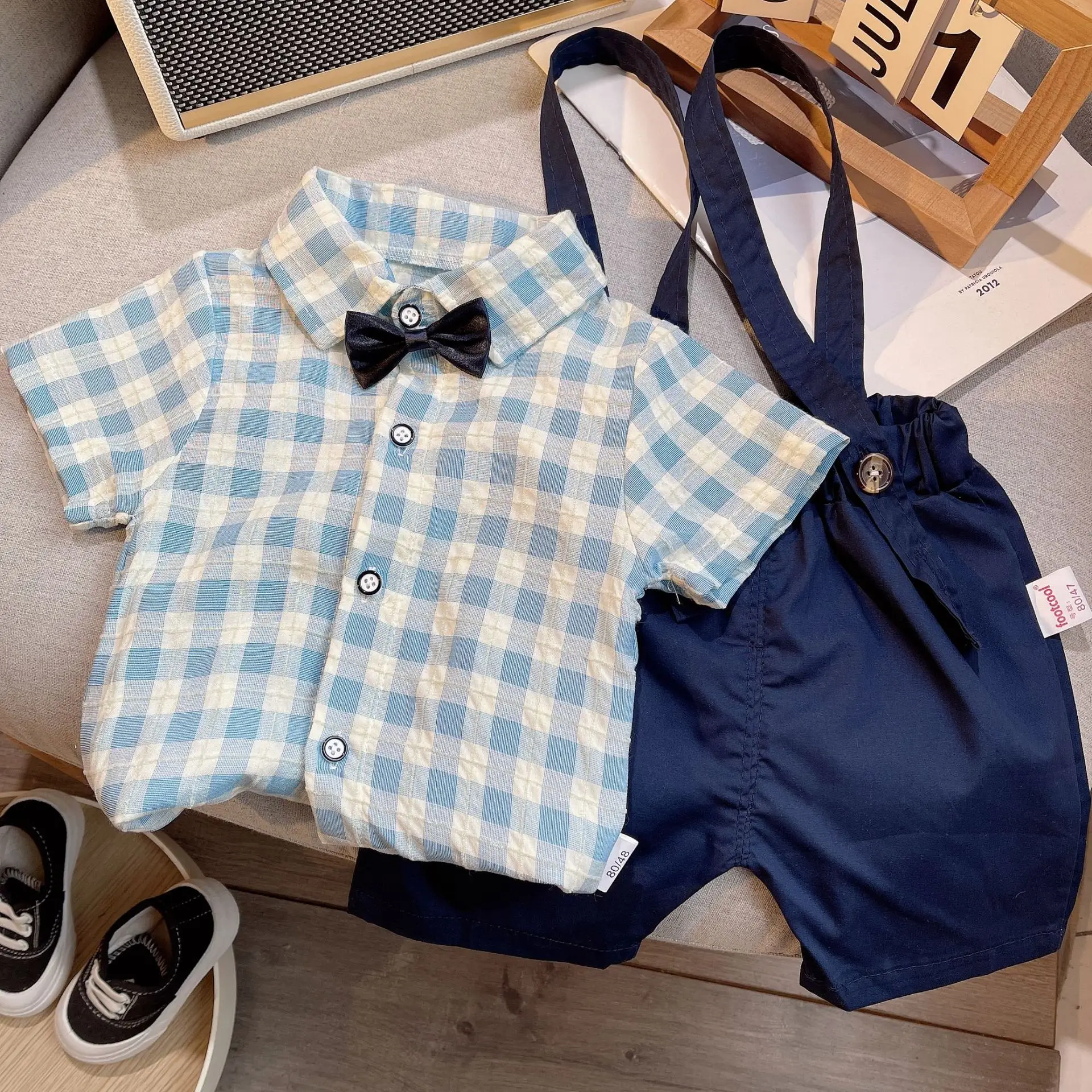 Baby Cotton Short Sleeve Suit Blue Checkered Shorts - Image 4