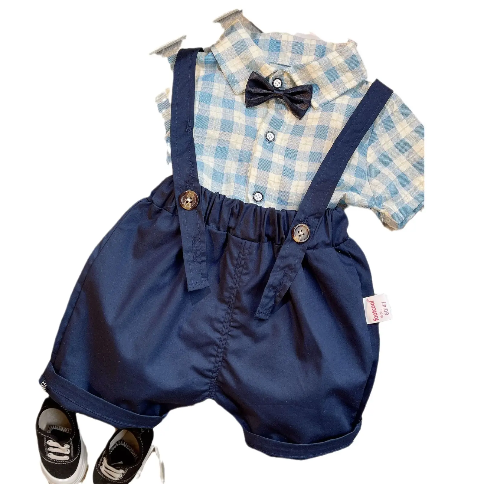 Baby Cotton Short Sleeve Suit Blue Checkered Shorts - Image 6