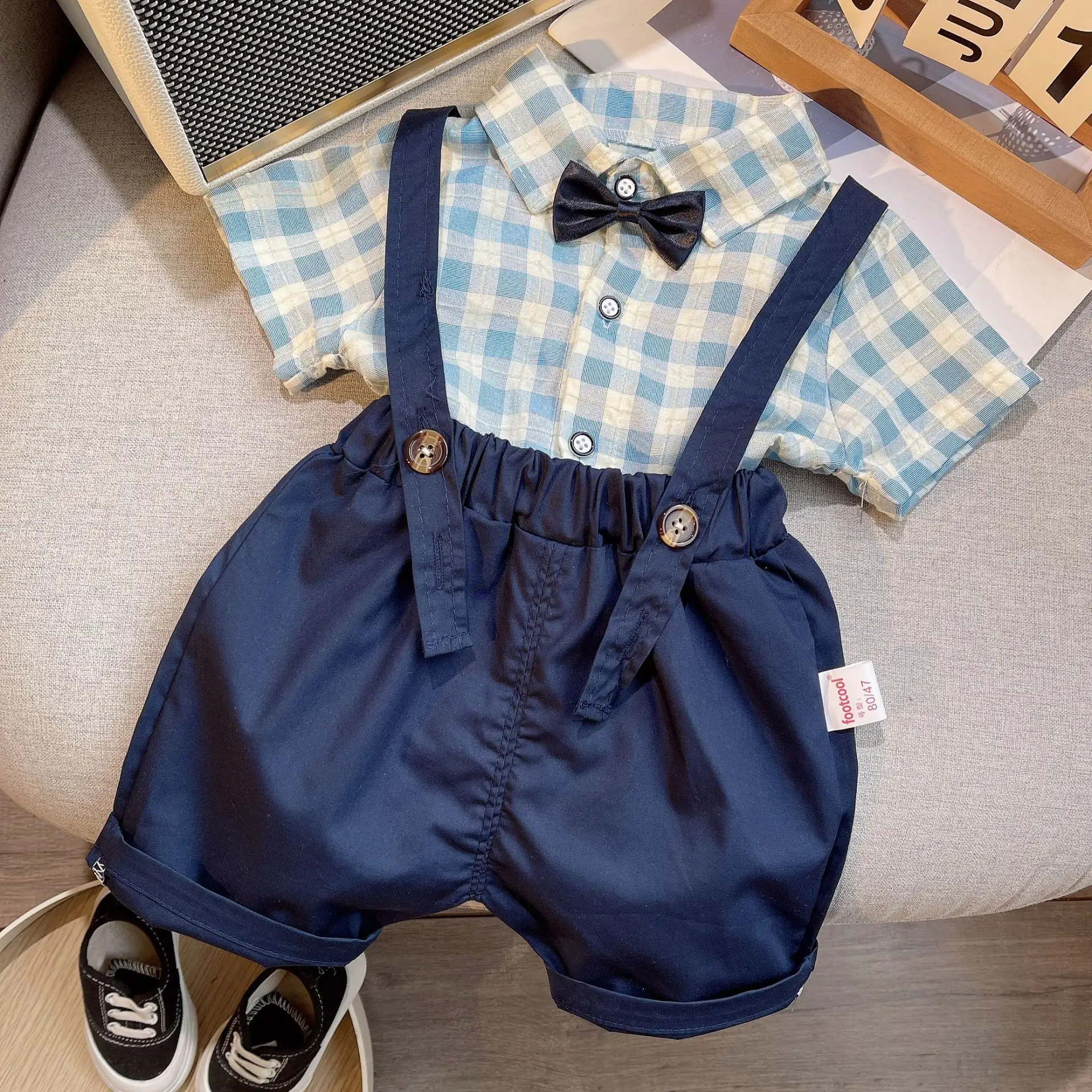 Baby Cotton Short Sleeve Suit Blue Checkered Shorts — feature 1