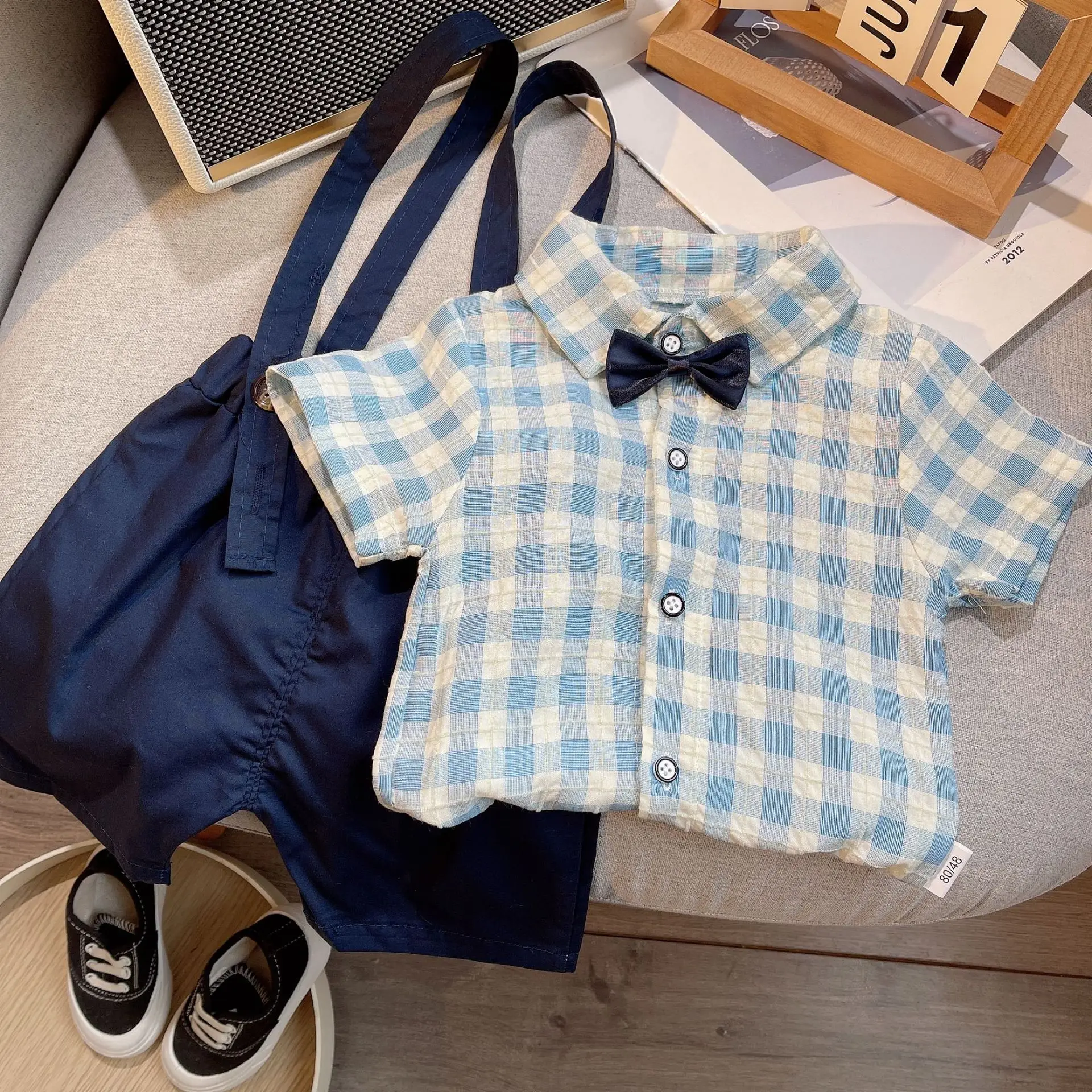 Baby Cotton Short Sleeve Suit Blue Checkered Shorts — feature 4