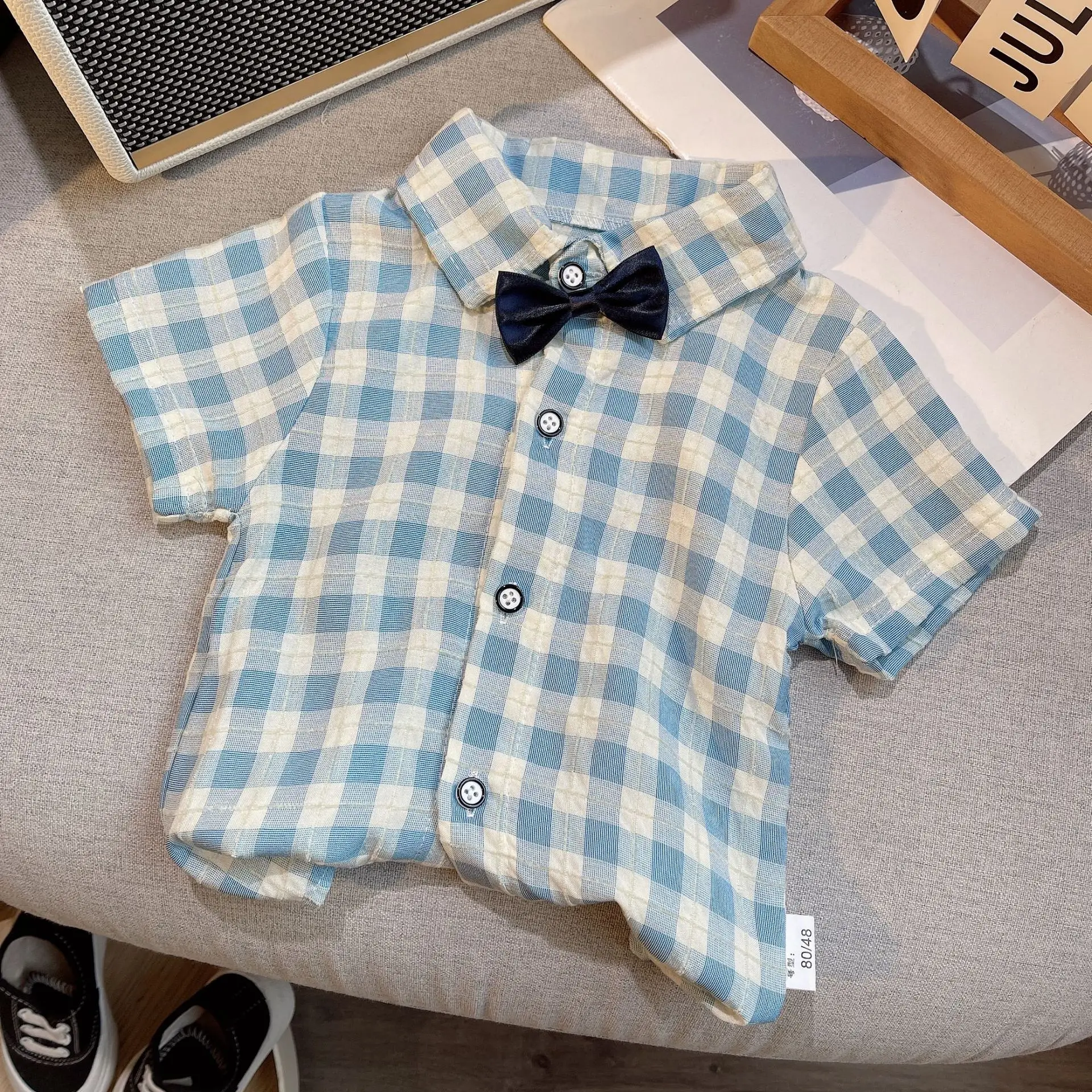 Baby Cotton Short Sleeve Suit Blue Checkered Shorts — feature 5