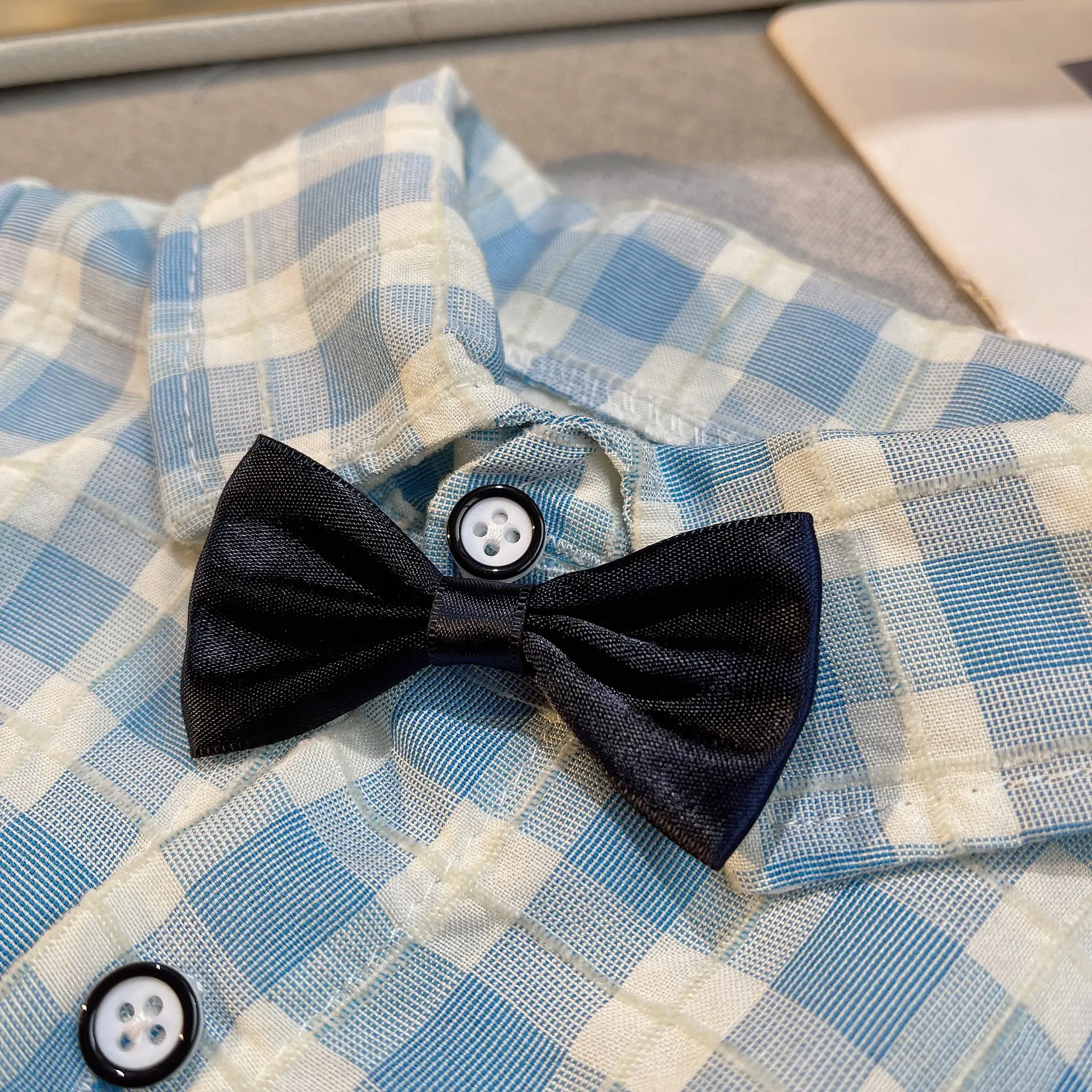 Baby Cotton Short Sleeve Suit Blue Checkered Shorts — feature 6