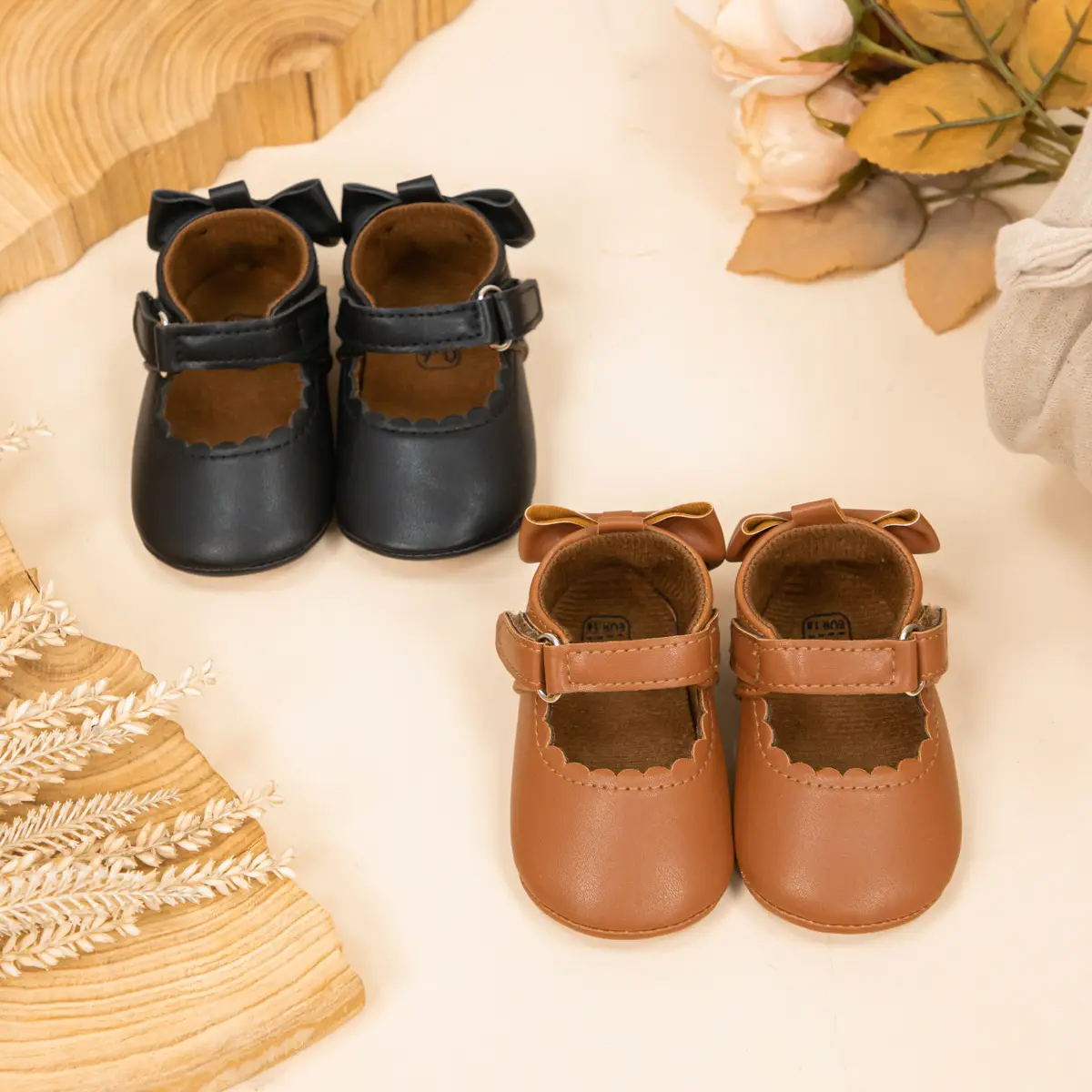 Women's Bow Baby Shoes Black Brown Anti-Slip Leather