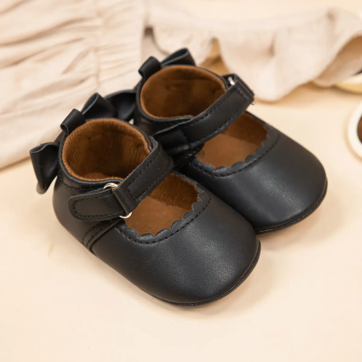 Women's Bow Baby Shoes Black Brown Anti-Slip Leather