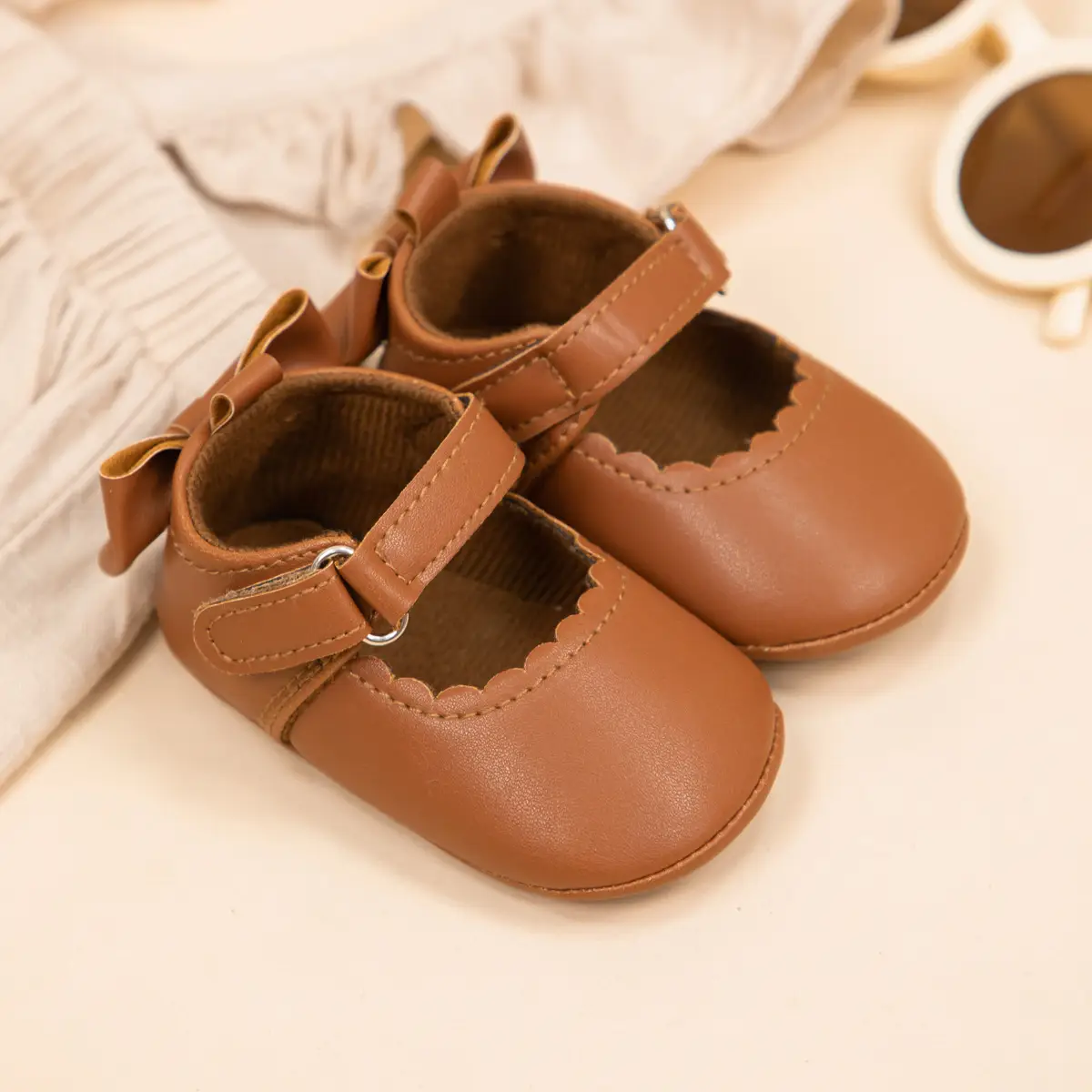 Women's Bow Baby Shoes Black Brown Anti-Slip Leather