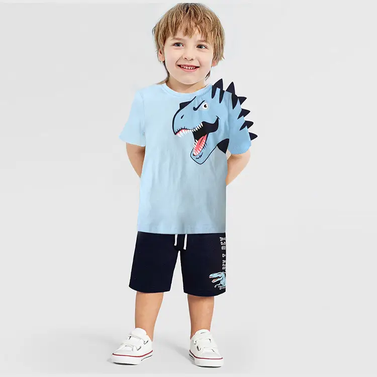 Kids Dragon Graphic T-Shirt Shorts Set Light Blue Summer - Image 4