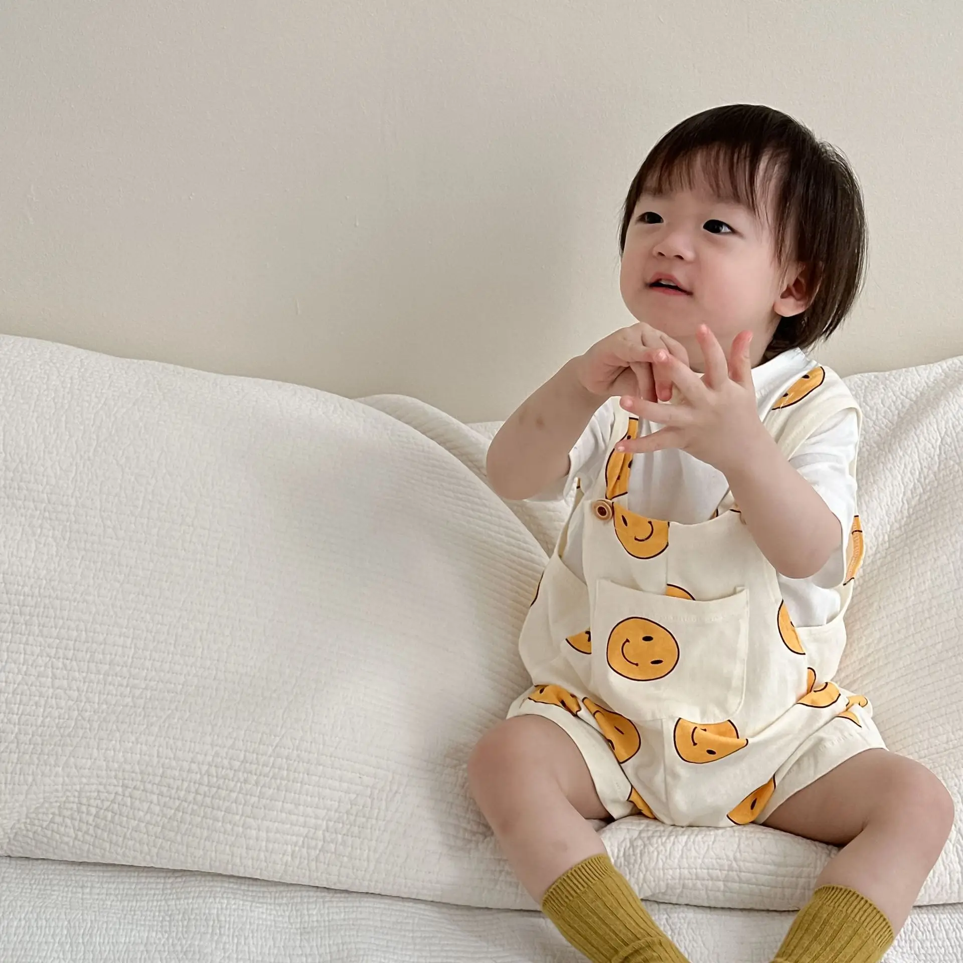 Boys Summer T-Shirt Overalls Suit Yellow Smile Print - Image 4