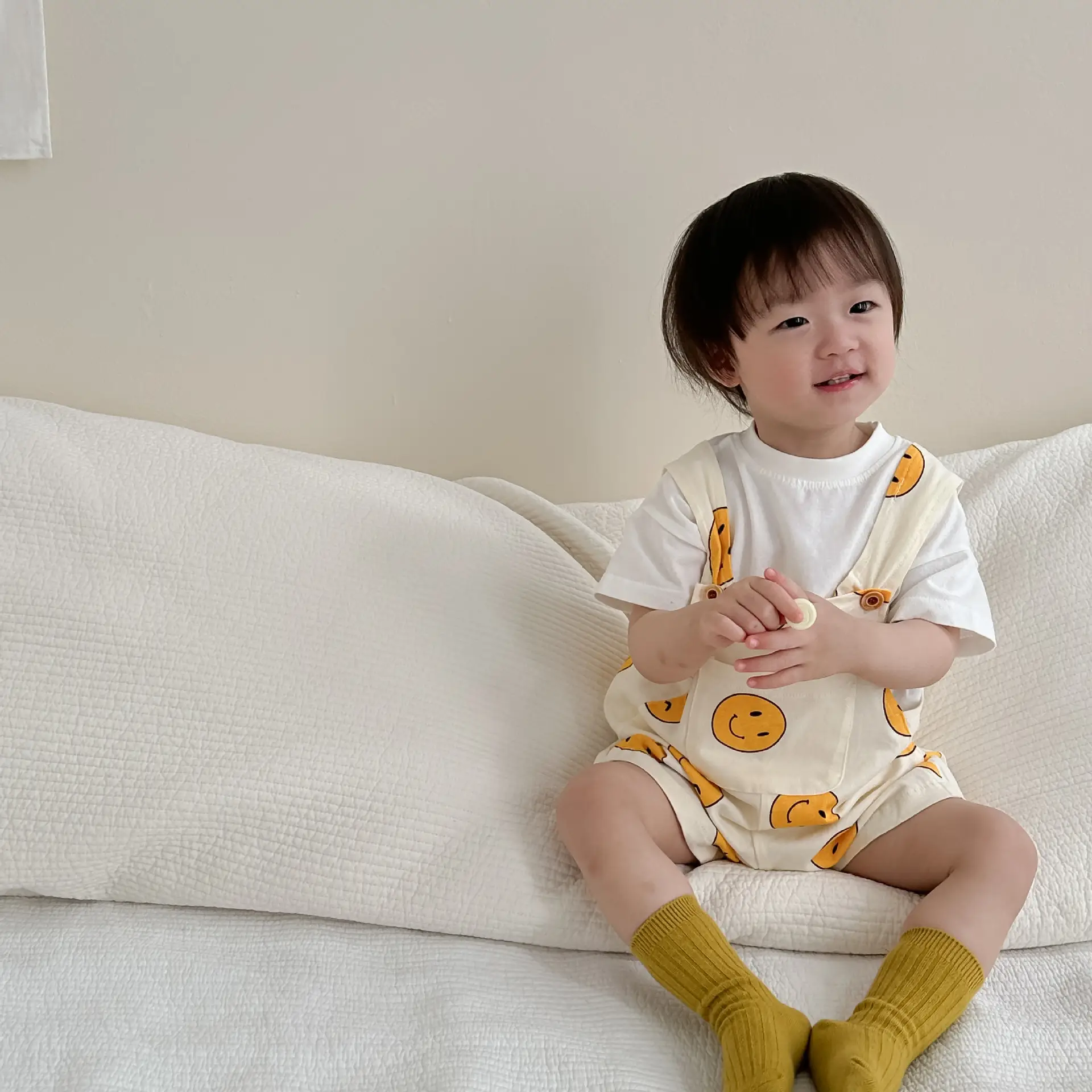 Boys Summer T-Shirt Overalls Suit Yellow Smile Print - Image 5