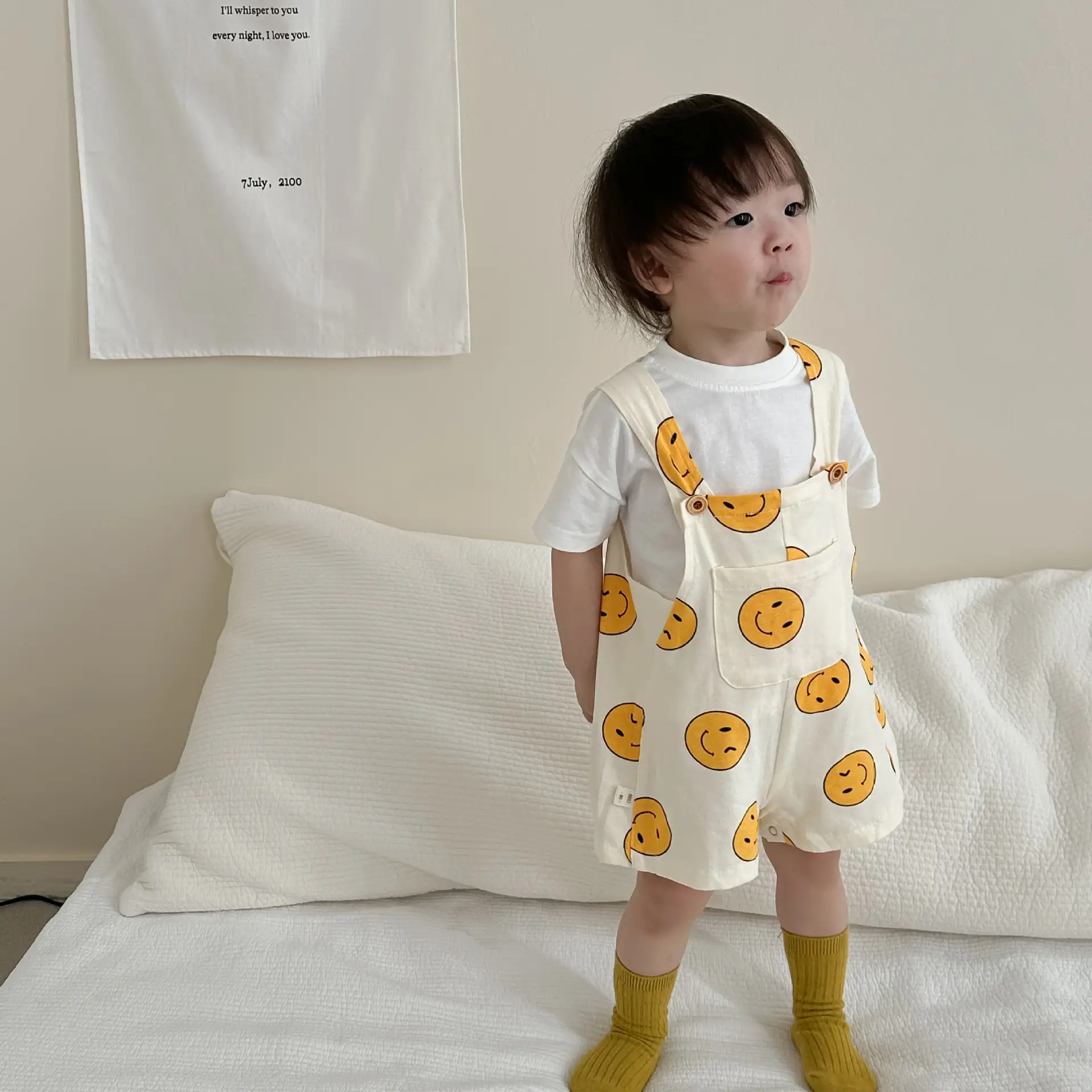 Boys Summer T-Shirt Overalls Suit Yellow Smile Print - Image 2