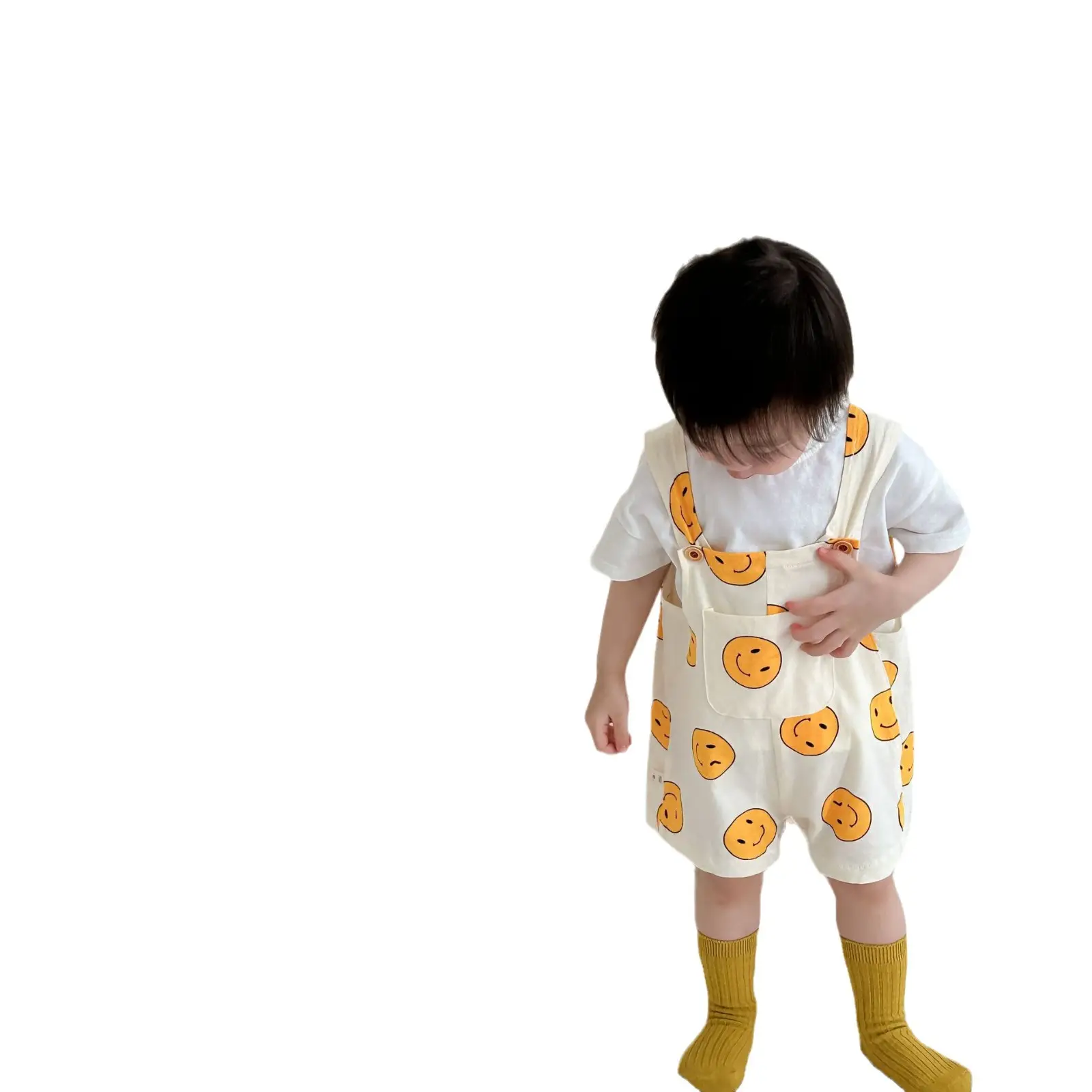 Boys Summer T-Shirt Overalls Suit Yellow Smile Print - Image 6