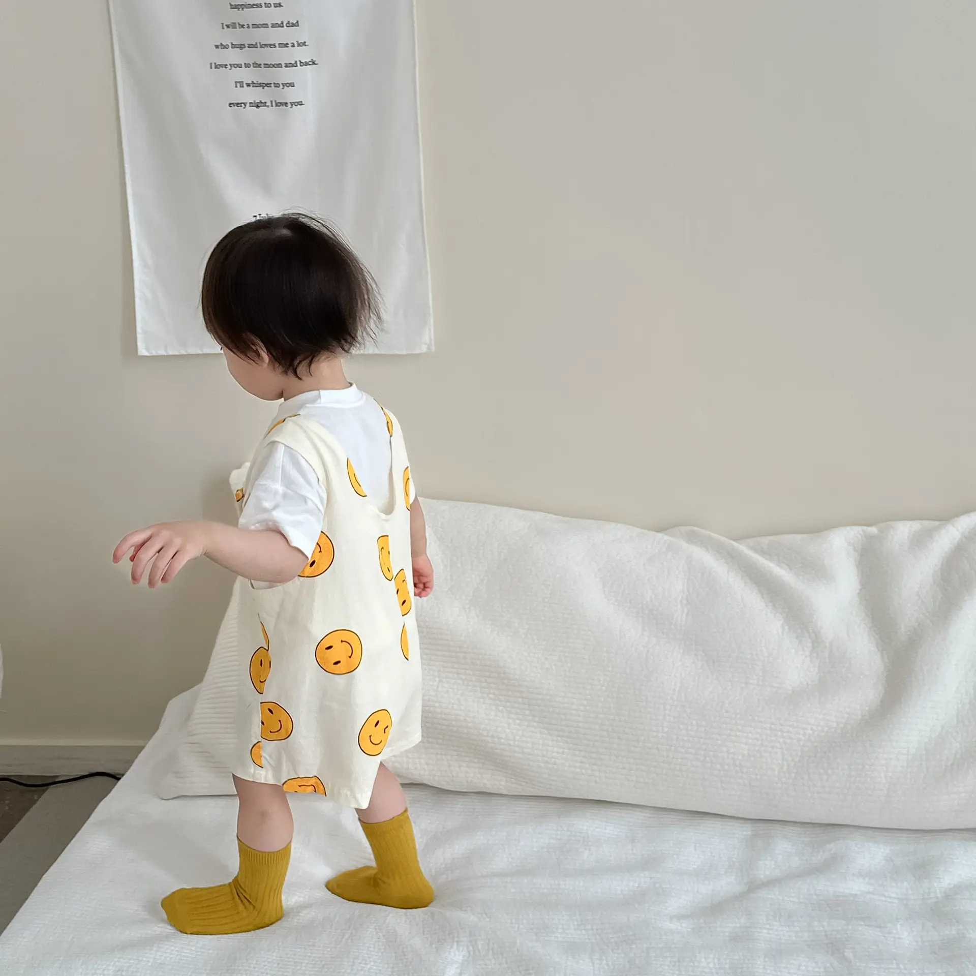 Boys Summer T-Shirt Overalls Suit Yellow Smile Print — feature 4