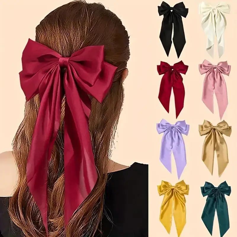 Long Satin Bow Hairpin for Women Pink Lavender Yellow