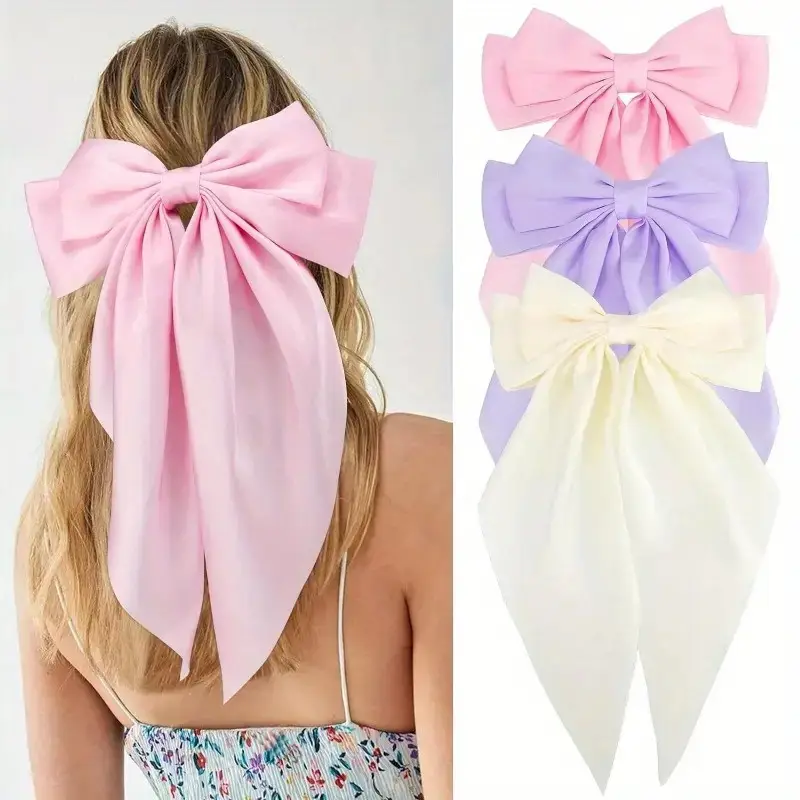 Long Satin Bow Hairpin for Women Pink Lavender Yellow