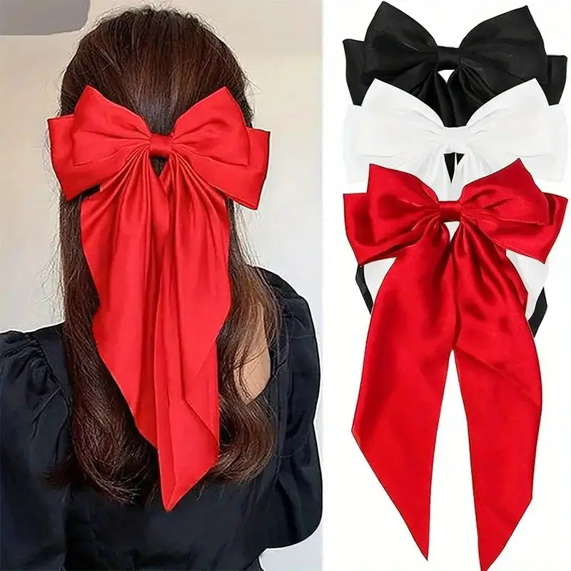 Long Satin Bow Hairpin for Women Pink Lavender Yellow