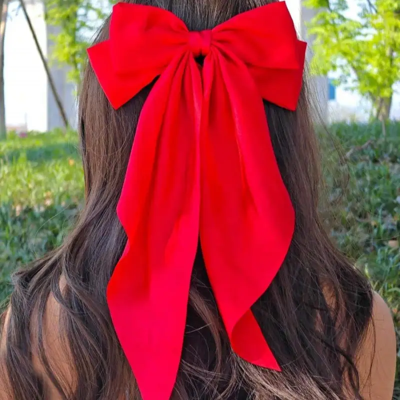 Long Satin Bow Hairpin for Women Pink Lavender Yellow