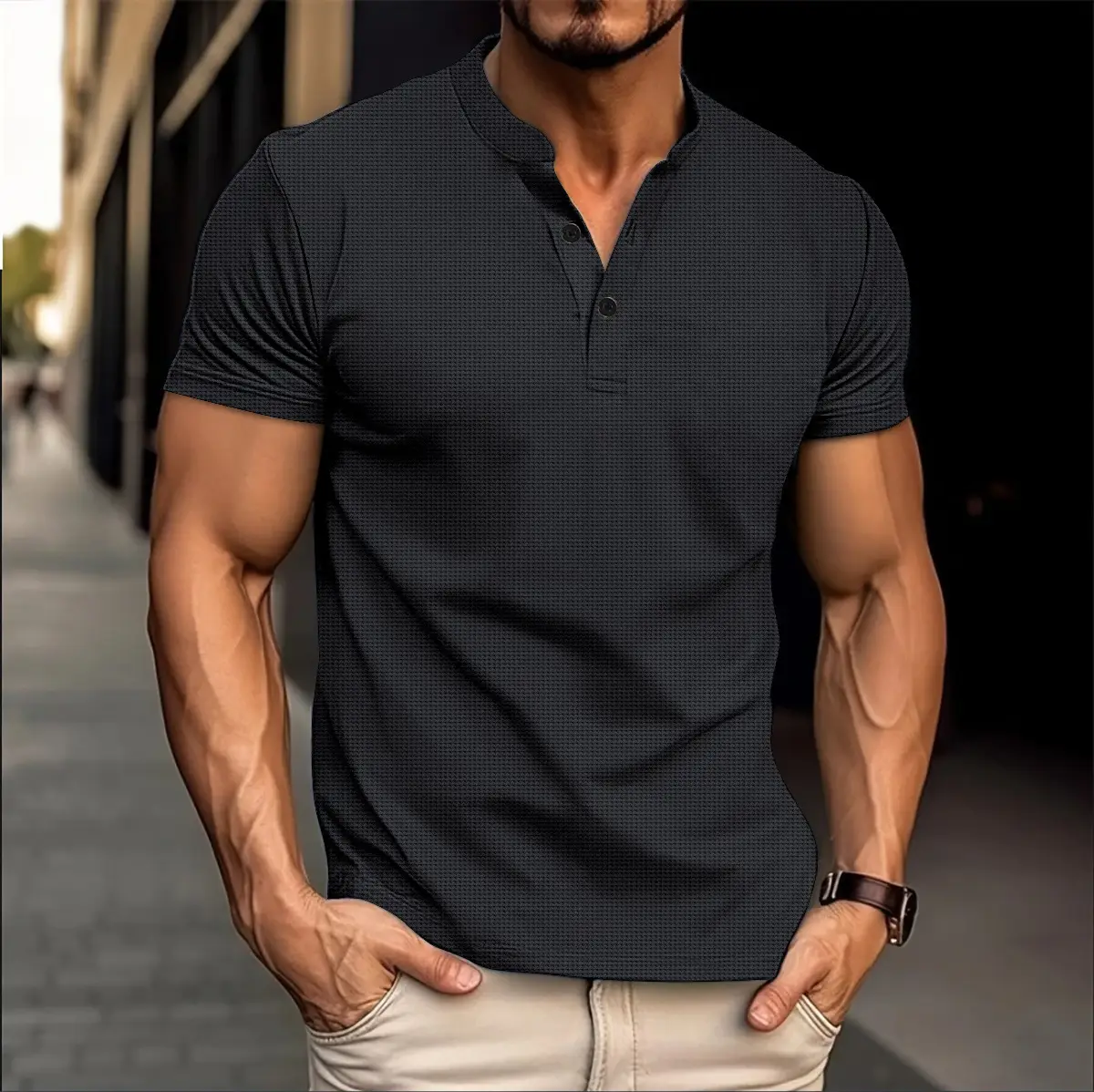 Men V-Neck Waffle Polo Shirt White Button Short Sleeve - Image 2