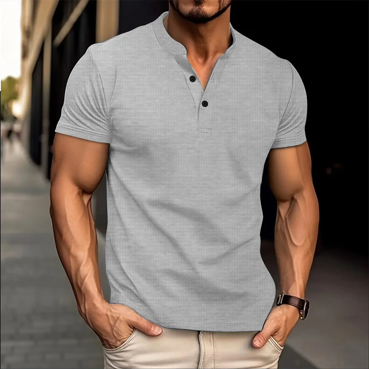 Men V-Neck Waffle Polo Shirt White Button Short Sleeve - Image 5
