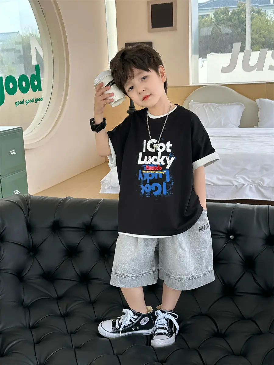 Boys Black Letter T-Shirt Short Sleeve Summer Wear - Image 7