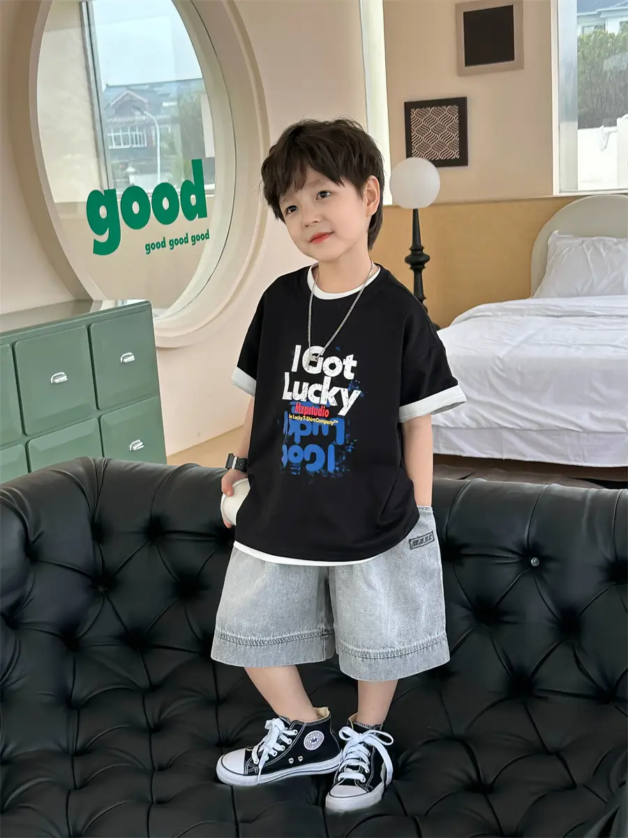 Boys Black Letter T-Shirt Short Sleeve Summer Wear — feature 3