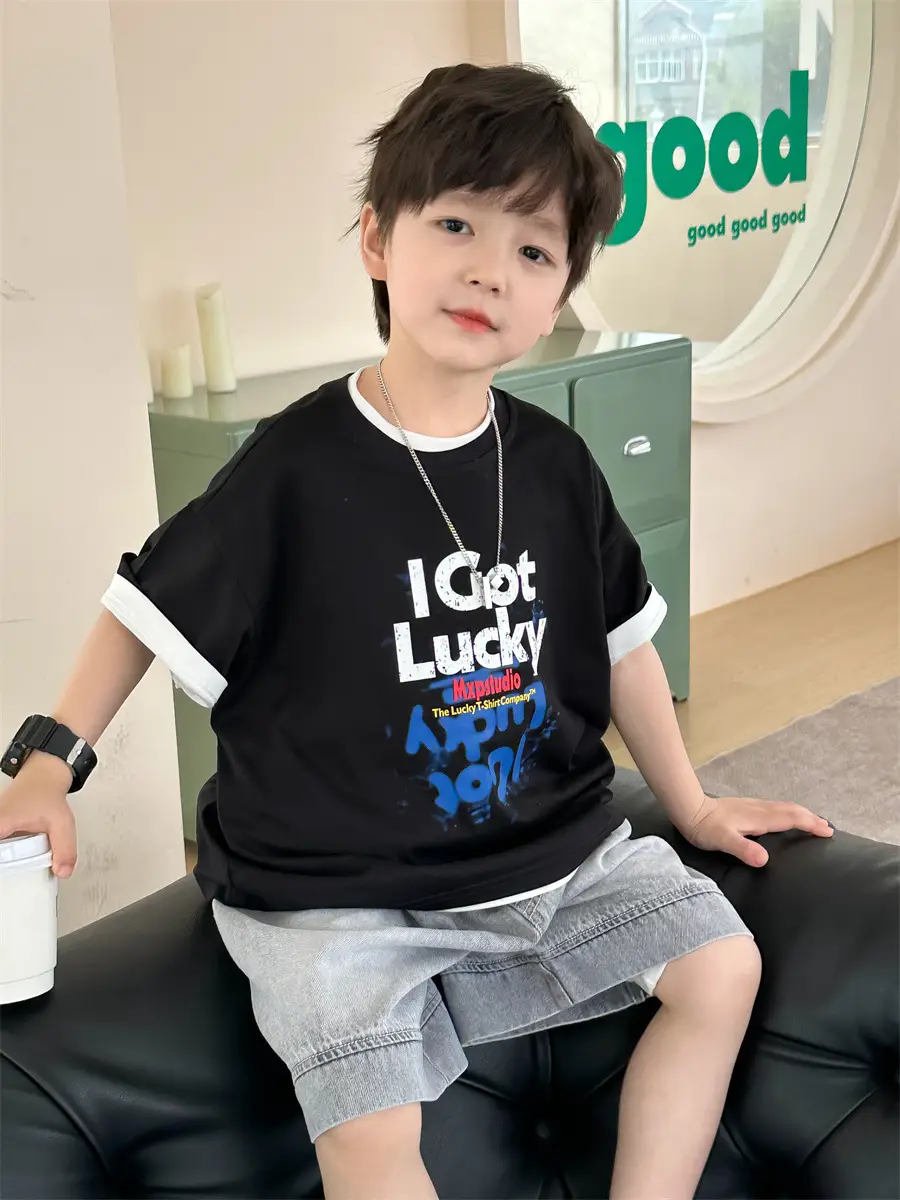 Boys Black Letter T-Shirt Short Sleeve Summer Wear - Image 2