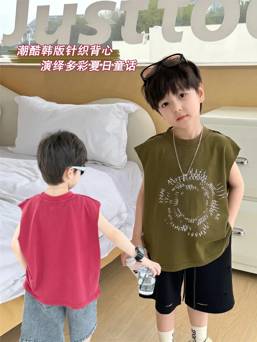 Kids Summer T-Shirt Olive Green Sleeveless 2025 - Image 3