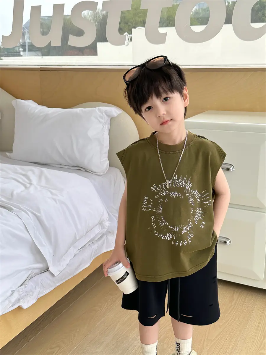 Kids Summer T-Shirt Olive Green Sleeveless 2025 - Image 4
