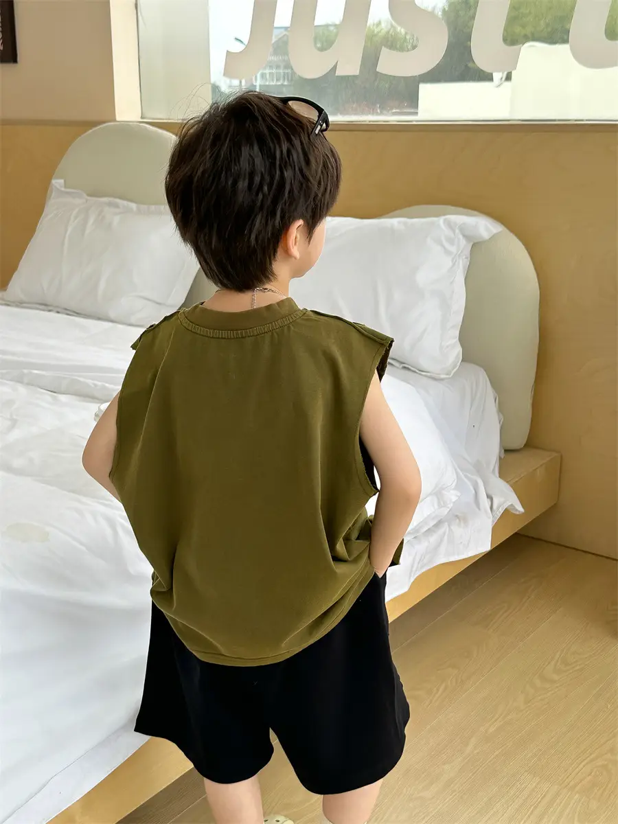 Kids Summer T-Shirt Olive Green Sleeveless 2025 - Image 5