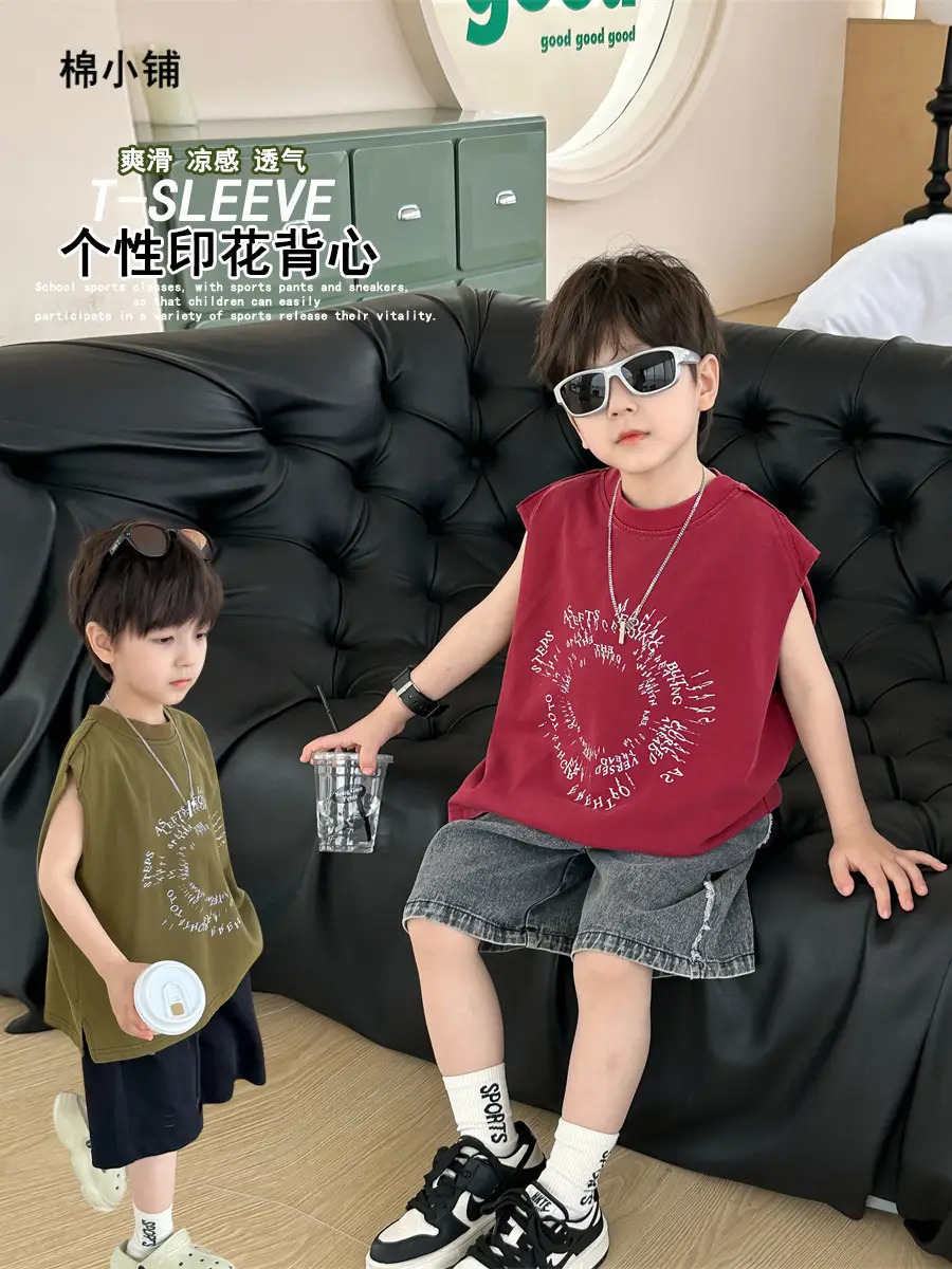 Kids Summer T-Shirt Olive Green Sleeveless 2025 - Image 6