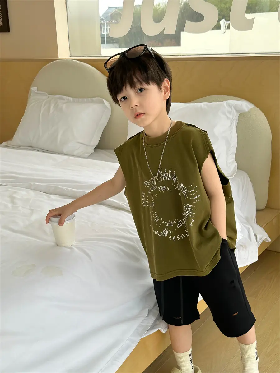 Kids Summer T-Shirt Olive Green Sleeveless 2025 — feature 14