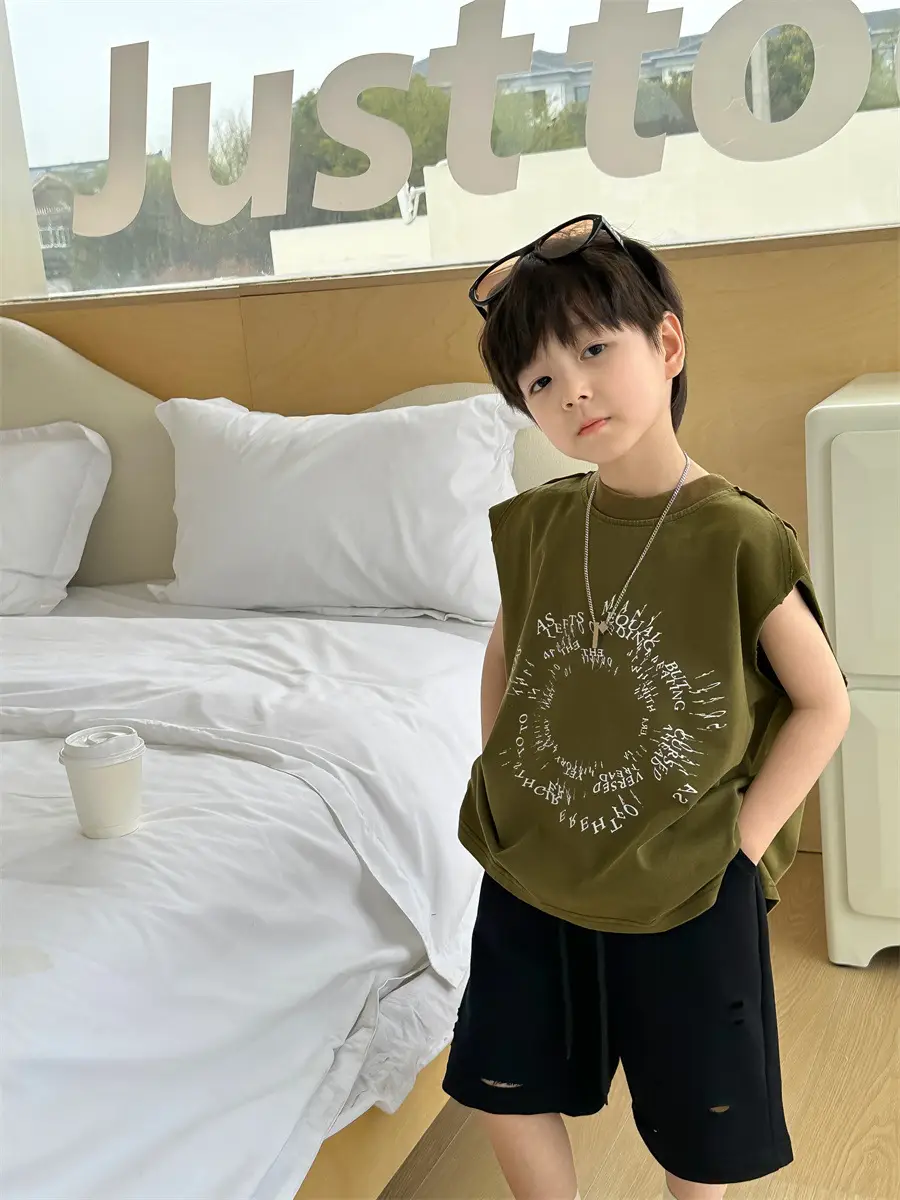 Kids Summer T-Shirt Olive Green Sleeveless 2025 — feature 17