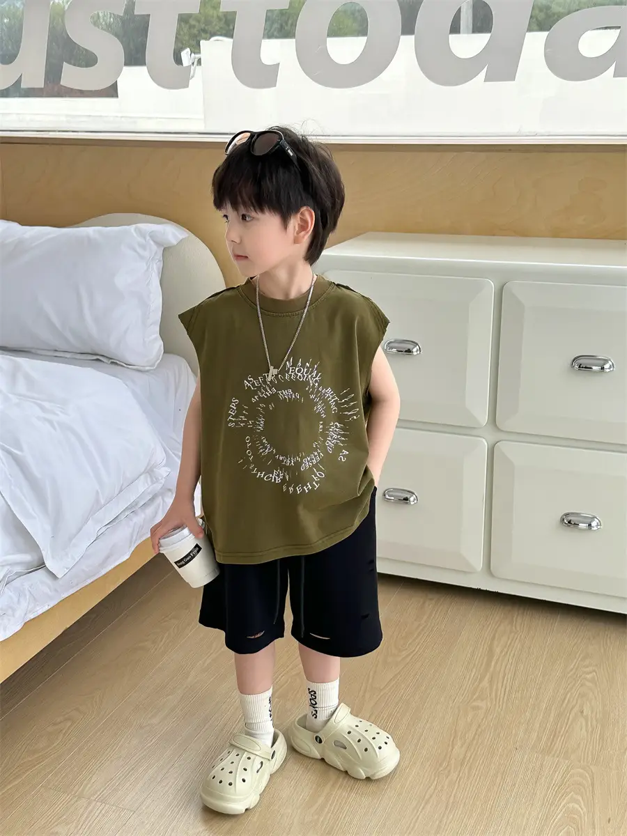 Kids Summer T-Shirt Olive Green Sleeveless 2025 — feature 9
