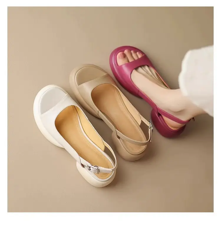 Women's Beige Round Toe Platform Sandals with Thick Heel — feature 1