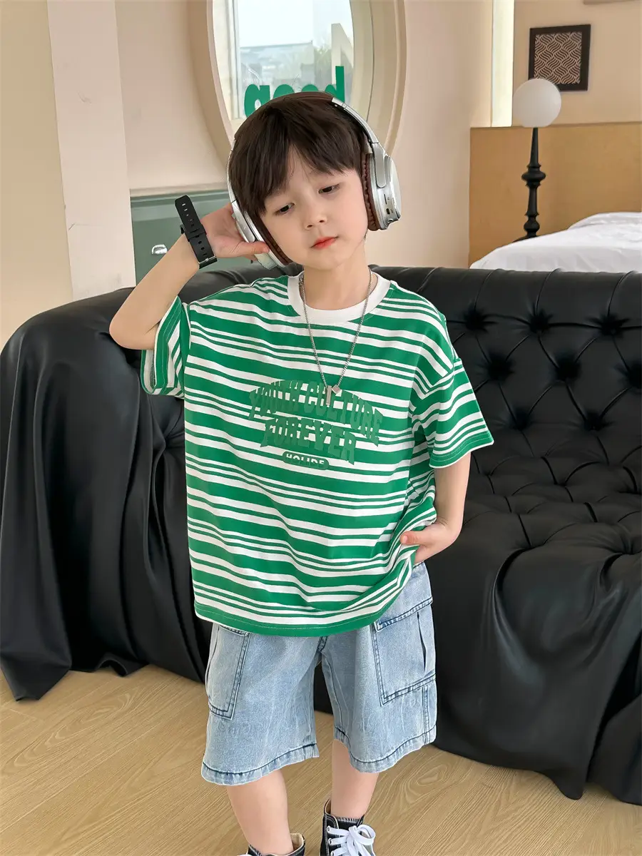Kids Striped Cotton T-Shirt Red White Medium Small - Image 4
