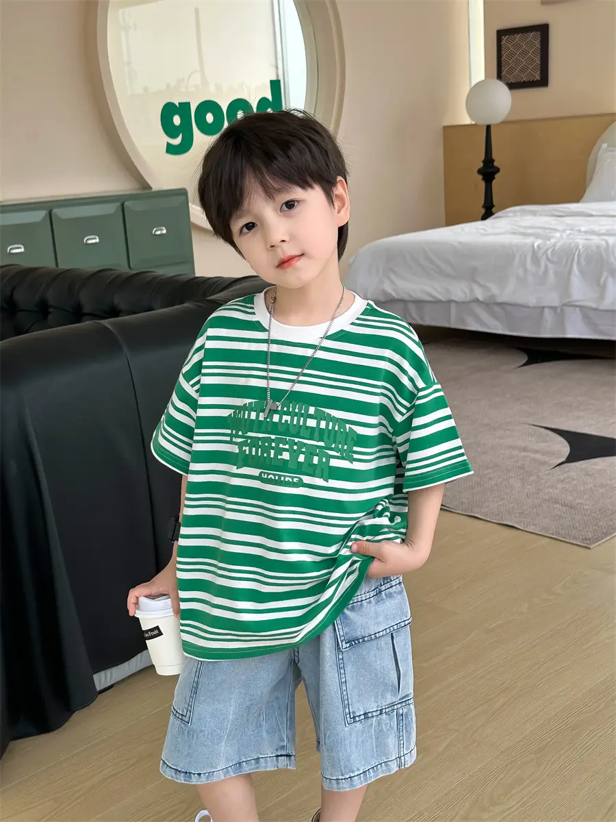 Kids Striped Cotton T-Shirt Red White Medium Small - Image 5